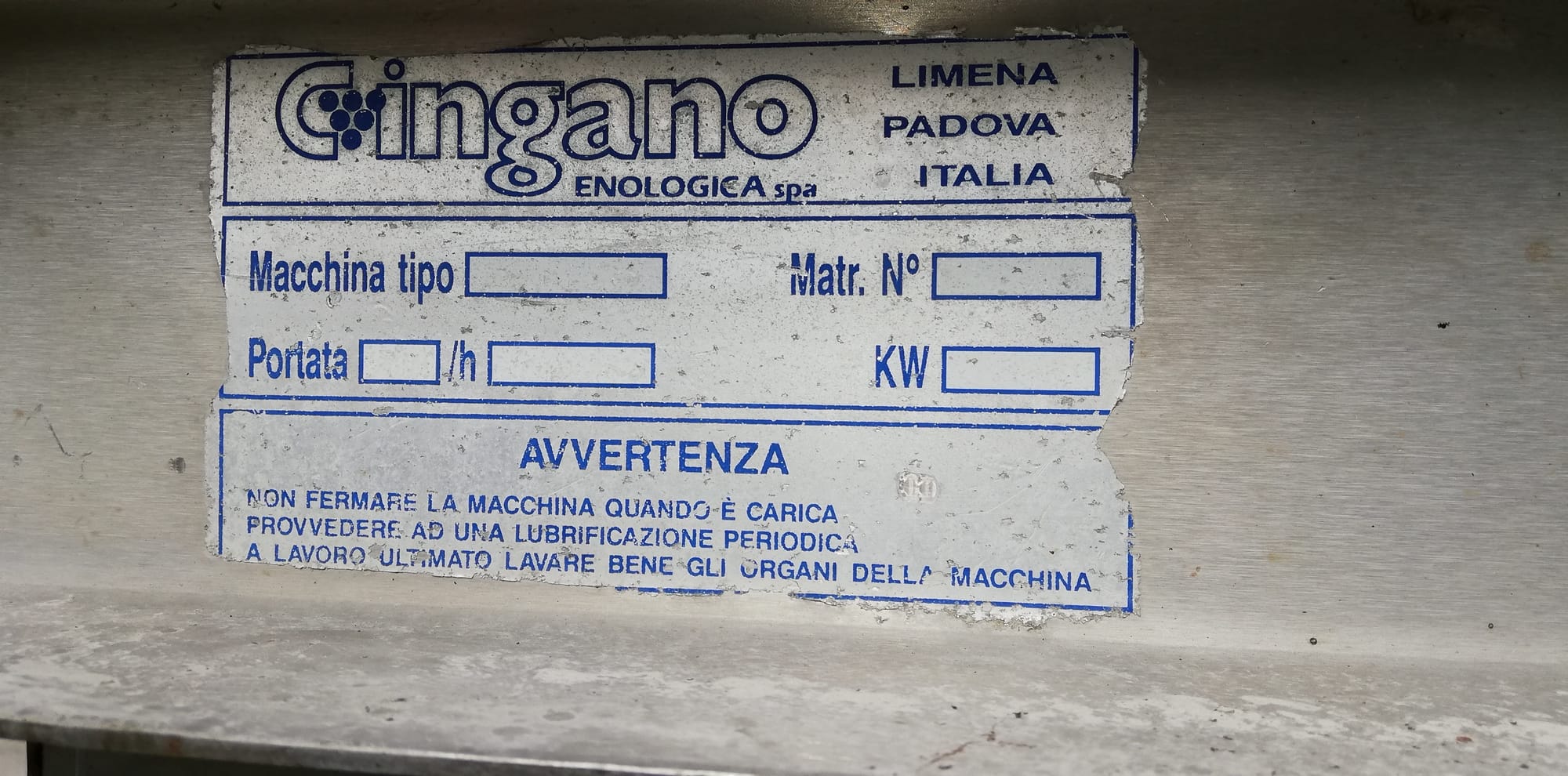 Cingano destemmer-crusher, approx. 35 t/h